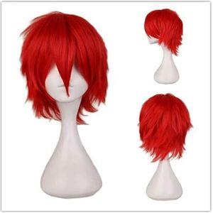 Mannelijke pruik zwart wit paars blond rood kort haar cosplay anime kostuum halloween pruiken synthetisch haar met pony voor mannen-rood-8 inch