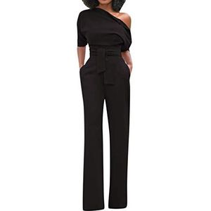 Sexy effen off-shoulder korte mouw met riem voor dames, slanke jumpsuit, Zwart, XXL
