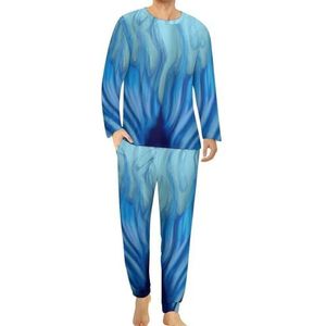 Blauwe zeemeermin staart comfortabele heren pyjama set ronde hals lange mouw loungewear met zakken 3XL