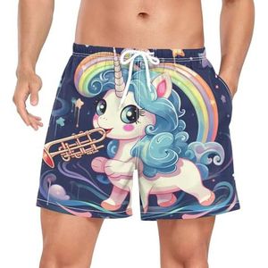 Niigeu Rainbow Unicorn Music Trumpet zwembroek voor heren, sneldrogend, met zakken, Leuke mode, S