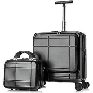Bagage Koffer Trolley Koffer 2-delige Sets Spinner 18-inch Koffer, Met Telescopisch Handvat, 14-inch Make-upkoffer Reiskoffer Handbagage (Color : Zwart, Size : 14+18in)