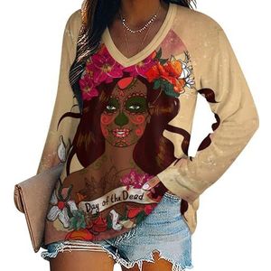 Sugar Skull Girl Casual T-shirts met lange mouwen voor dames, V-hals, bedrukte grafische blouses, T-tops, S