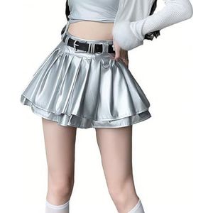 KWISUAWHGA Dames Imitatieleren Rok Met Hoge Taille Y2k Schattige Gelaagde Ruches Zoom A-Lijn Gevoerd Casual Trendy Pu-Rokken,Zilver,L