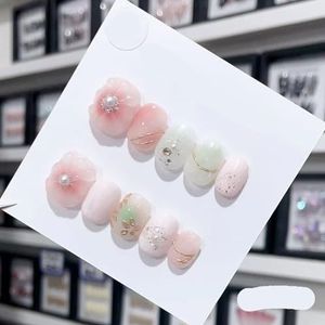 Verwijderbare en draagbare nail art Franse amandel Ombre handgemaakte pers op nagels Lange acryl valse nageltips InNail (Color : 29193, Size : S)