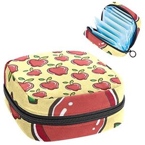 Periode Pouch, draagbare tampon opbergtas voor maandverband, rijpe rode appels fruit patroon gele achtergrond, Meerkleurig, 4.7x6.6x6.6 in/12x17x17 cm