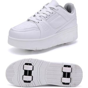 XRDSHY Schoenen met wieltjes, voor kinderen, 4 wieltjes, skateboardschoenen, sportschoenen voor jongens en meisjes, 2-in-1 multifunctionele rolschaatsen, outdoor loopschoenen, wit, maat 34 EU