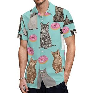 Kat en donuts Hawaiiaanse shirts voor heren, casual overhemd met korte mouwen, knoopsluiting, vakantie, strandshirts, XL