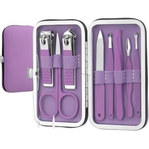 Nagelknipper en beautytool, draagbare set, martensitic roestvrijstalen manicureset 8-in-1, met kleurrijke leren tas (paars, 8 stuks)