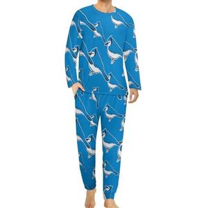 Blue Jay Bird pyjamaset voor heren, loungewear met lange mouwen, bovendeel en onderkant, 2-delig