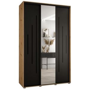 MEBLE KRYSPOL Davos 13 150 Kledingkast met drie schuifdeuren voor slaapkamer - Moderne Kledingkast met spiegel, kledingroede en planken - 235,2x150x45 cm - Artisan Black Zwart