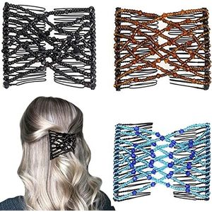 Sunjiyan 3 stuks elastische magische haarkamclips rekbare dubbele kam haarvorken voor vrouwen meisjes vintage kapsel multifunctionele haaraccessoires (kraalstijl - blauw bruin zwart)