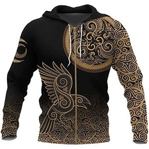 Heren Nordic Celtic Raven Totem Hoodie, Viking Knot 3D Gedrukt Casual Lange Mouw Sweatshirt, Outdoor Losse Middeleeuwse Harajuku Korte Mouw Jas Streetwear