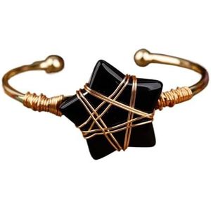 Vrouwen Edelsteen Kralen Goud Koper Polsband Bangle Wire Wrapped Sterren Kralen Manchet Armband Tienermeisjes Koppels Sieraden (Color : Gold_Black Agate)