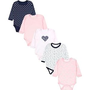 TupTam Baby Meisjes Rompertjes met Lange Mouwen 5-Pack, Donkerblauwe bloemen lichtroze harten abrikozenberen, 92