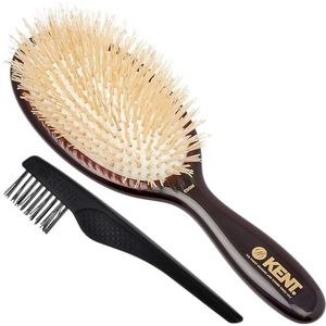 Kent CSGM 7.75"" Classic Shine Medium Oval Cushion Straightening Brush and Hair Detangler - Soft White Boar Bristle Hair Brush - Shine Hair Brush and Scalp Scrubber for Mid-Length Fine or Thinning Hair