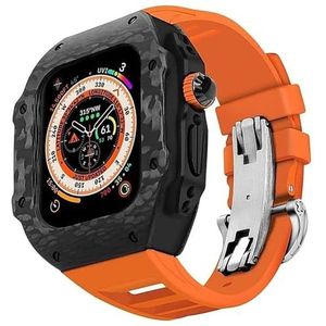 INSTR Koolstofvezel behuizing met fluor rubberen horlogeband voor Apple Watch Ultra2 Ultra, heren Mod Kit Cover Strap voor IWatch9 8 7 6 5 4 SE vervangende accessoires (Color : Orange, Size : 45mm44