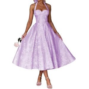 AHERKLL Spaghetti Bandjes Bruidsmeisjes Jurken Jacquard Satijn Halter Formele Avond Feest Maxi Jurk HAH046, Lila, 32