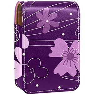 Make-up Lipstick Case voor Buiten Abstracte Moderne Vorm Paars Bloem Patroon Draagbare Lippenstift Organizer met Spiegel Dames Mini Make-up Tas Neemt Tot 3 Lippenstift