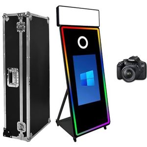 Spiegel fotocabine 165 cm met flightcase, 165 cm (165 cm) touchscreen magische spiegel, boothmachine, DSLR Photobooth Selfiecabine voor bruiloft, feest, evenementen (zwarte cabine+camera)