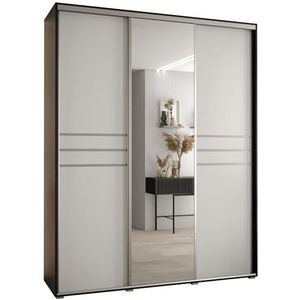 MEBLE KRYSPOL Davos 11 200 Kledingkast met drie schuifdeuren voor slaapkamer - Moderne Kledingkast met spiegel, kledingroede en planken - 235,2x200x60 cm - Zwart Wit Zilver