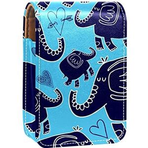 Olifanten en harten draagbare lippenstift case voor reizen, Mini lippenstift opbergdoos met spiegel voor vrouwen dames, lederen cosmetische etui, Meerkleurig, 9.5x2x7 cm/3.7x0.8x2.7 in