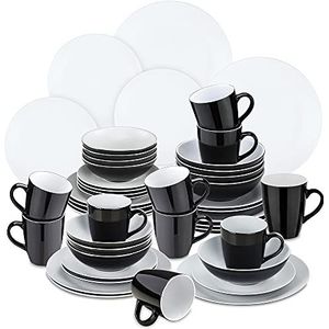 vancasso Lento tafelservies van keramiek, porselein, 12 borden, 12 dessertborden, 12 kopjes, 12 schoteltjes, 48 stuks voor 12 personen, wit en zwart