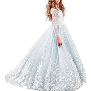 FYMNSI Bloem Meisje Jurk Kid Elegante Kant Tule Prinses Lange Jurk Junior Bruidsmeisje Bruiloft Tutu Maxi Jurk Eerste Communie Pageant Doopceremonie Formele Gelegenheid Floor Lengte Jurken, Blauw, 2-3 jaar