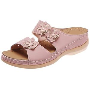 Dames Retro Sleehakpantoffels Met Bloemen Orthopedische Sandalen Met Steunzool Zomer Peep Toe PU-leren Pantoffels Rubberen Platformslippers Vrije Tijd Boho Strandschoenen (Color : Pink, Size : 37 EU