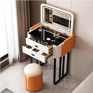 Kaptafel Dubbele Laden Make-up Vanity Set Met Led Verlichte Spiegel Kaptafel Bureau Ergonomische Kruk Licht Luxe Kaptafel