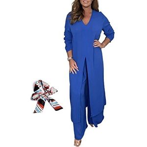 Casual tweedelige pak met lange top en bijpassende broek, fitnesssets voor dames, 2-delig, Blauw, 5XL