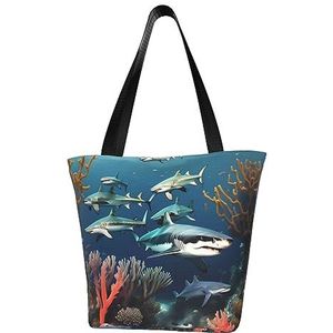 AkosOL Haaien onder de zee klassiek bedrukt ontwerp, lichtgewicht gewatteerde handtas met grote capaciteit, geschikt om te winkelen, fitness, modieus en gemakkelijk te matchen met het leven, Zwart,