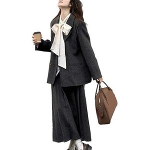 MLSHWUG Dames Strikoverhemd Met Kraag, Colbert Met Revers, Lange Plooirok, 3-Delige Outfitset,Grijs,L