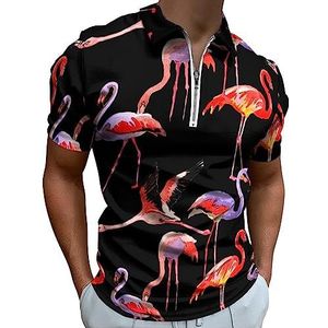 Sky Bird Flamingo Patroon Polo Shirt voor Mannen Casual Rits Kraag T-shirts Golf Tops Slim Fit