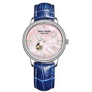REEF TIGER Designer Mode Horloges Voor Vrouwen Staal Roze Sheel Dial Automatische Horloges RGA1582, Rga1582-ypl, riem