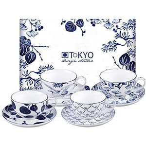TOKYO Design Studio Flora Japonica Set van 4 kopjes blauw-wit met schotels, Ø 10 cm, 6,5 cm hoog, 250 ml, Aziatisch porselein, Japans bloemmotief, incl. geschenkverpakking