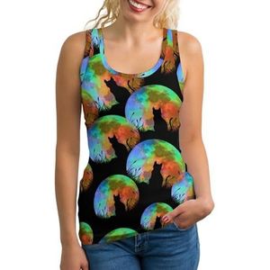 Kat met kleurrijke volle maan dames tank top mouwloos T-shirt pullover vest atletische basic shirts zomer bedrukt