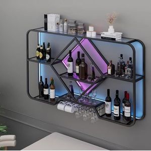 Wall Mounted LED Wine Rack, LED Industrial Wine Rack Wall Mounted Bar Unit Floating Shelves Inverted Wine Glass Rack For Home Commercial Bar (Color : Noir, Size : 100x20x70cm)