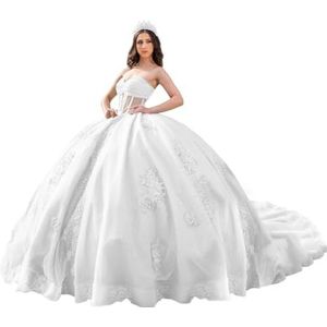Fuomomo Quinceanera Prinsessenjurk met ruches en staart Quinceanera jurk van tule met parels schattige jurk 16 MT052, Wit, 42
