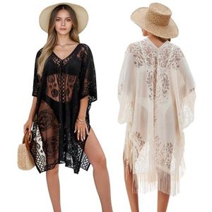 Zepphi Sexy en elegante strandkimono van kant voor dames, badtuniek, pareo voor vakantie, zwembad, zee en feest, Beige + Zwart, One Size