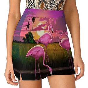 Roze Flamingo Vogels Paars Landschap Vrouwen Skorts Hoge Taille Tennisrok Gelaagde Korte Mini Rok Culottes Skorts Met Zakken 4XL