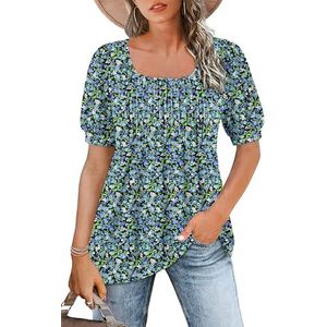 WNEEDU T-shirt voor dames, vierkante hals, korte pofmouwen, zomers, top, blouse, elegant, plissé, vlotte tuniek, M