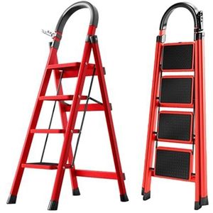 K IKIDO Inklapbare trapladder, ladder met leuning, 3/4/5 treden, antislip, gemakkelijk op te bergen, brede treden, geschikt voor keuken, huishouden en wonen, belastbaarheid tot 150 kg (rood, 4 treden)