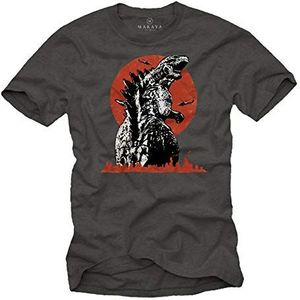MAKAYA T-Shirt Heren - Koning Der Monsters - Korte Mouw Ronde Hals Dinosauriër T-Shirt Met Motief Grijs Mannen/Jongens/Kinderen Maat Xl