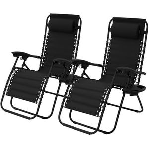 ML-Design set van 2 opvouwbare ligstoelen, zwart, ligstoel met verstelbare hoofdsteun & rugleuning, tuinligstoel met koordsysteem, Zero Gravity buitenligstoel, tuinstoel met bekerhouder