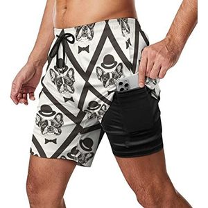 Vintage Hipster Franse Bulldog Zwembroek voor heren, sneldrogend, 2-in-1 strandsportshorts met compressieliner en zak