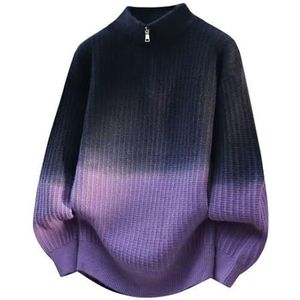 Herenmode Casual Trui, Kleurblok Verloop Breisel Pullover Met Kwart Rits Hals(Purple,4X-Large)