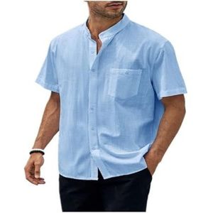 Linnen Overhemd Henley-casual Overhemd Met Korte Mouwen For Heren Casual Lichtgewicht Overhemden Lichtgewicht Zomershirt For Op Het Strand(Color:Light blue,Size:L)