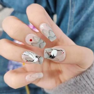 Press-on nagels, korte vierkante nepnagels, Press-ons met kraanontwerpen, glanzende lijm op nagels, acrylnagels, volledige dekking, kunstnagels, voor vrouwen en meisjes, manicure, 24 stuks