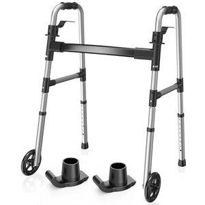 Loyoda Opvouwbare rollator met 2 ski's en 5 inch wielen, lichtgewicht wandelaars voor senioren en volwassenen, ondersteunt tot 158 kg, verstelbare hoogte, compacte standaard wandelaar, zwart