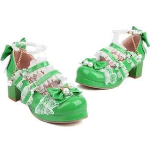 Schattige Lolita-schoenen voor dames met parels, veters, kant, enkelriem, lakleer, Mary Jane, platform, dikke hak, feeststrikpumps, groen, 41 EU